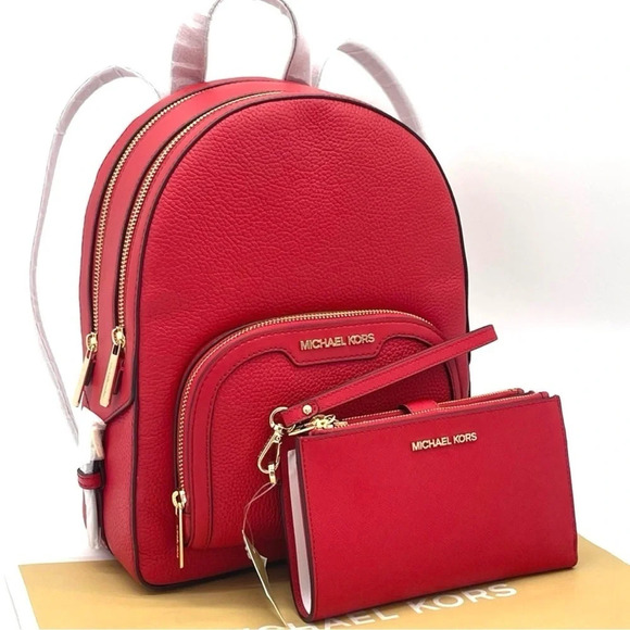 Michael Kors Jaycee Medium Backpack & Double Zip Wallet Wristlet Red/Gold (NWT) - Picture 1 of 12
